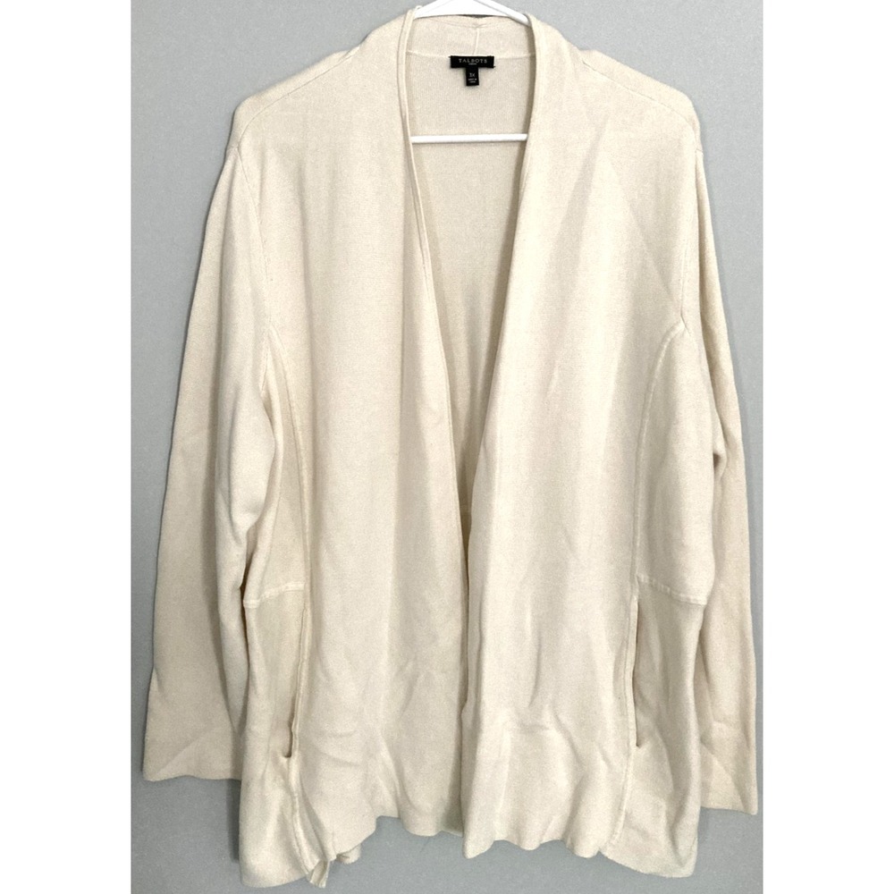 Talbots Cardigan Sweater Women 3X Off White Cotton Rayon Open Front Pockets Knit